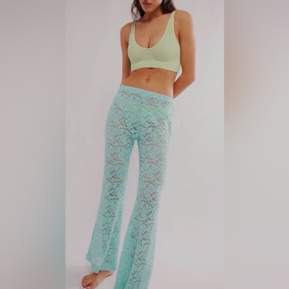 NWOT Free People S Intimately All Day Floral Lace Flare Pants- Mint Green